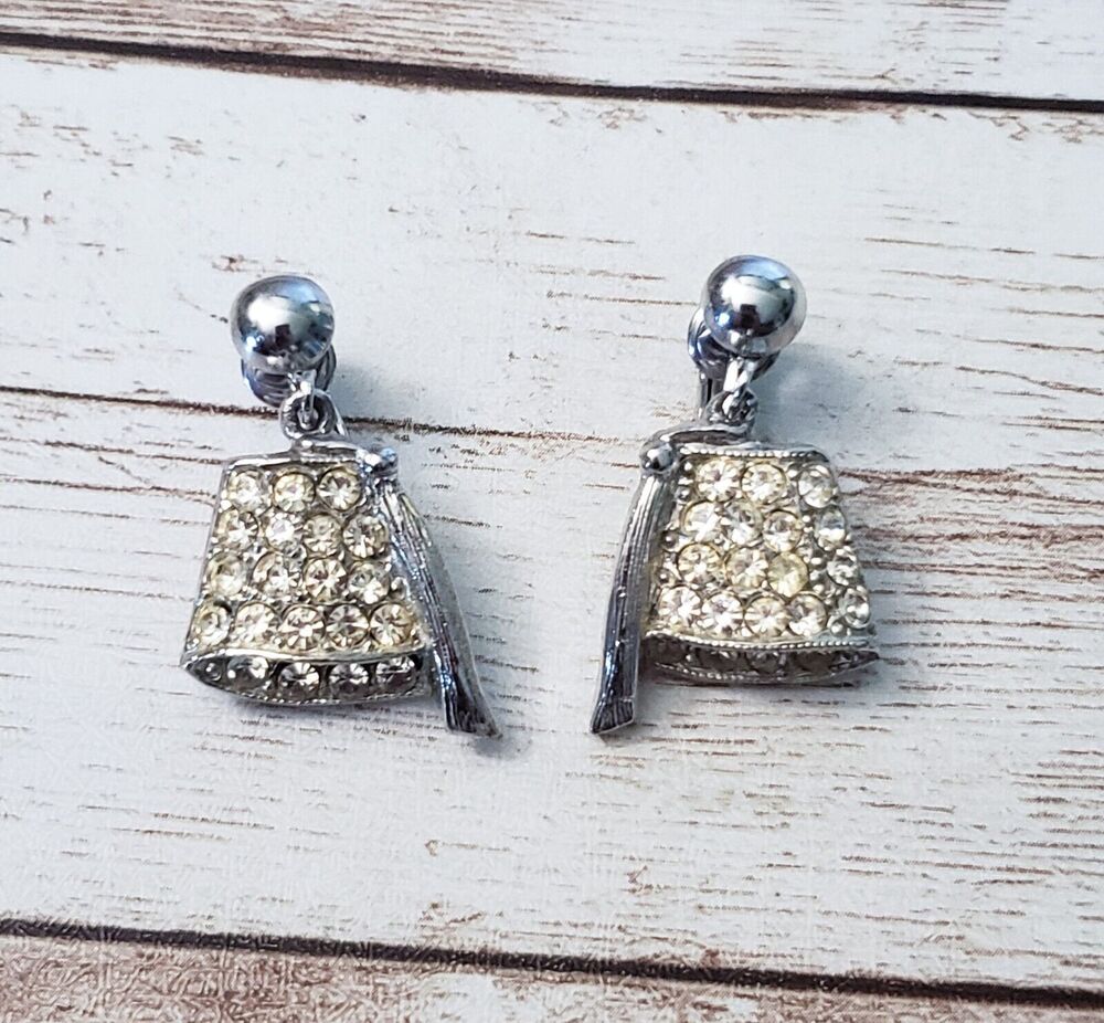 Vintage Clip On Earrings - Silver Tone & Clear Gem - Stamped RA